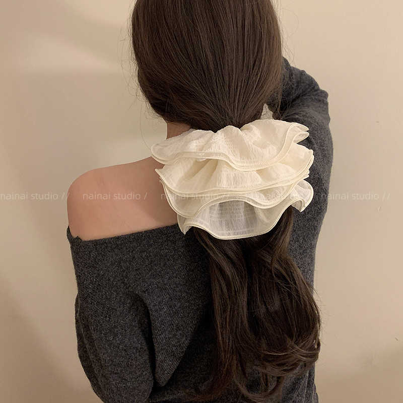 4层超大号！黑色白色花边褶皱高级感大肠发圈慵懒法式韩系发绳女