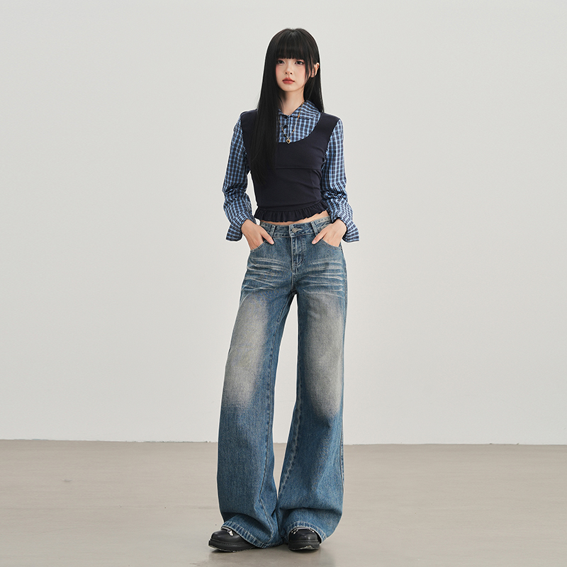 新款复古水洗猫须设计阔腿直筒牛仔裤显瘦拖地裤