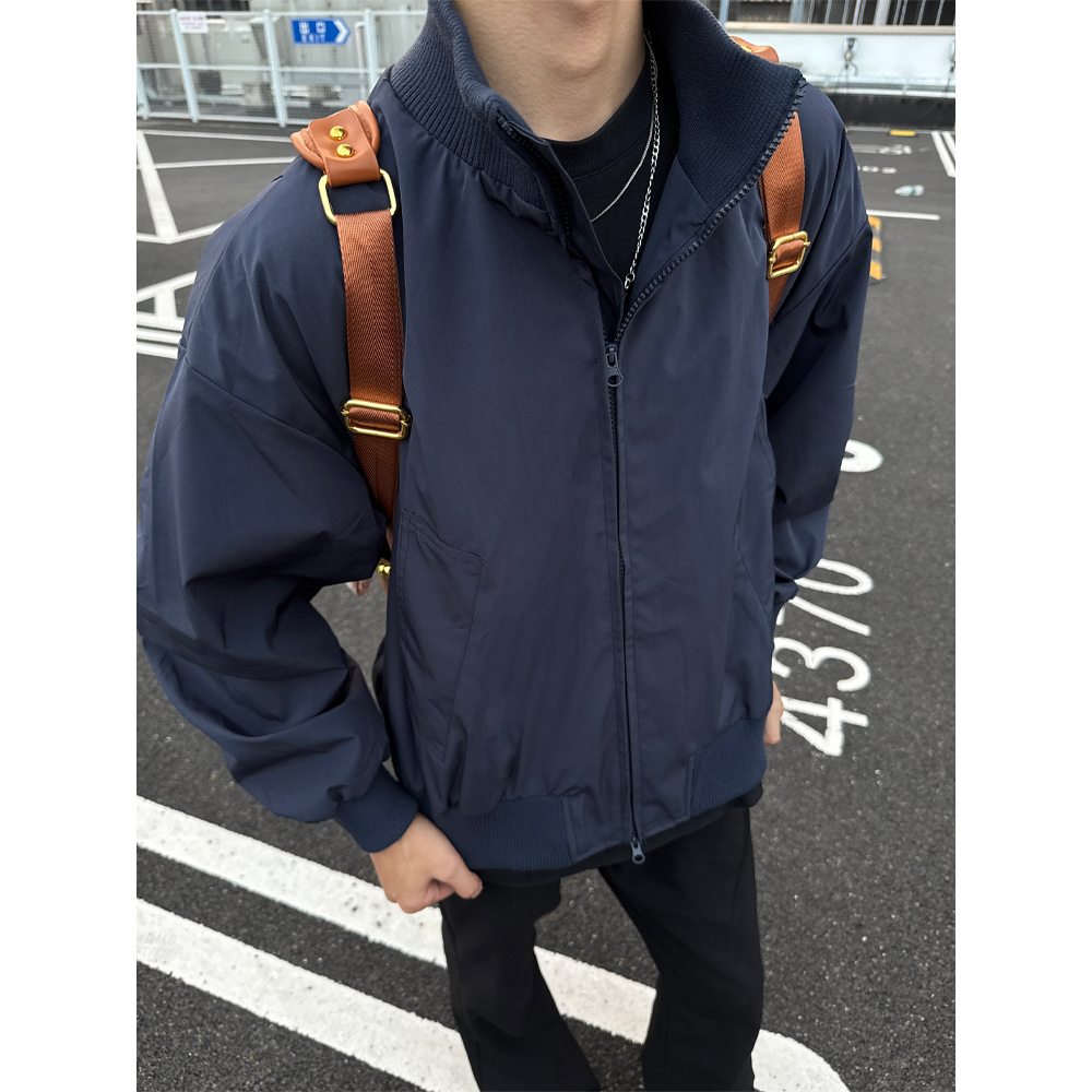 藏青色短款飞行员夹克男款秋季立领美式复古bomber廓形工装外套