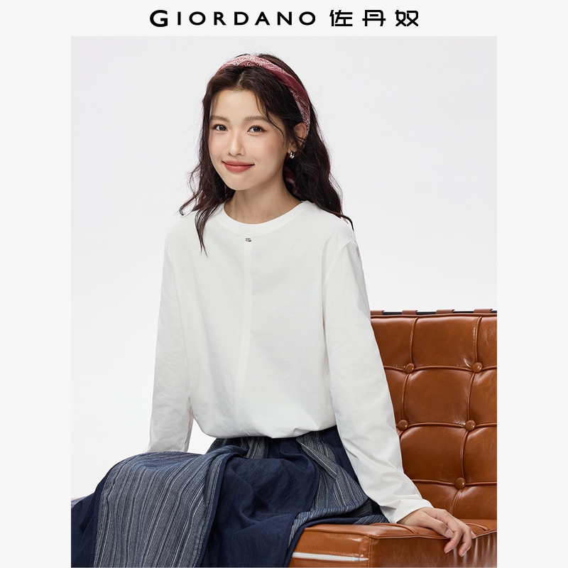 佐丹奴T恤女装纯棉金属标破骨秋季纯色圆领长袖T恤 13325785