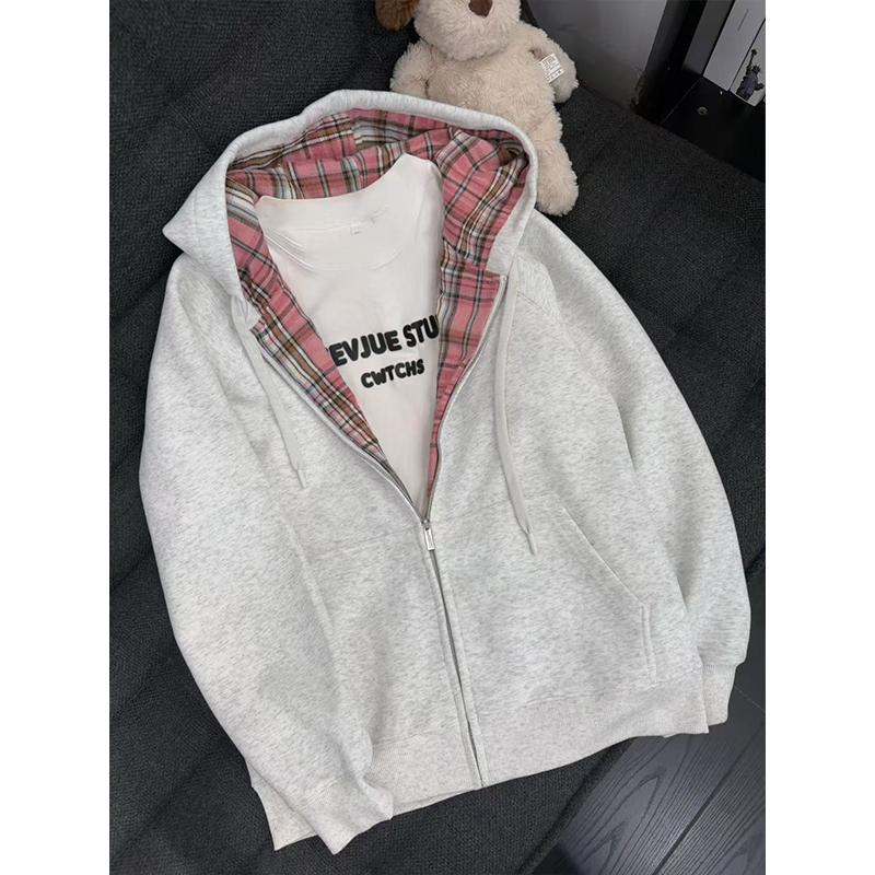 美式慵懒假两件编织抽绳连帽卫衣秋季重磅高级情侣连帽衫休闲外套