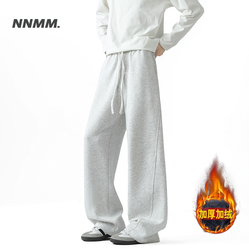 加绒高街弯刀裤男女同款阔腿裤冬季灰色休闲保暖卫裤宽松长裤