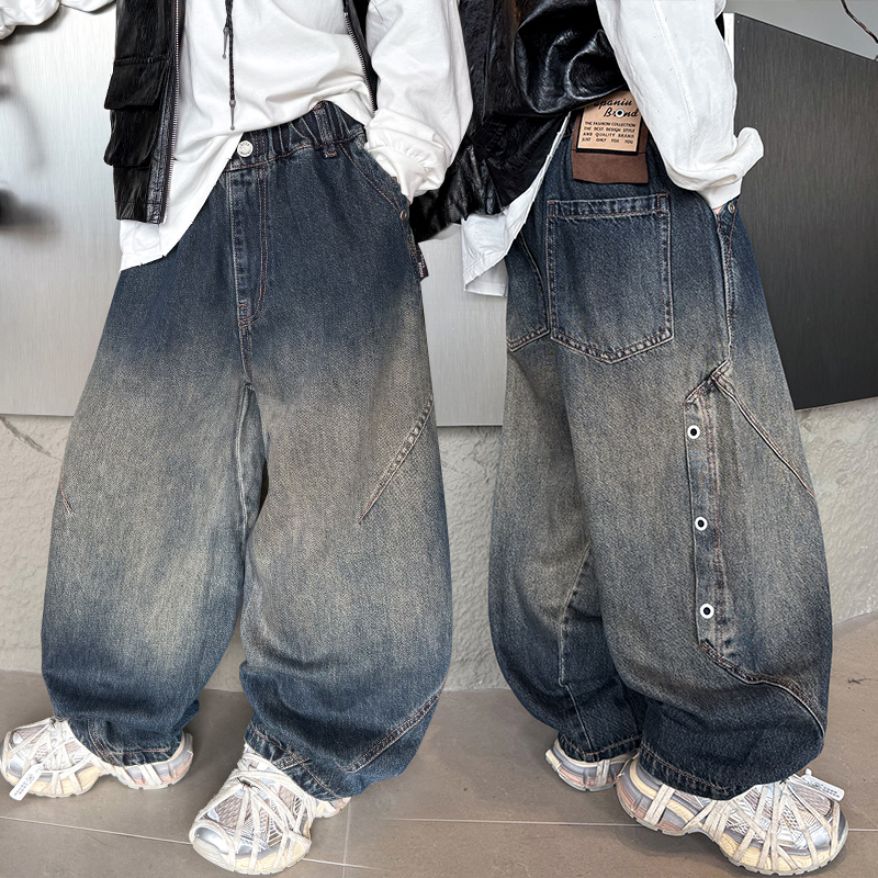 男童牛仔裤春秋款2025新款儿童痞帅渐变阔腿裤中大童宽松弯刀裤潮