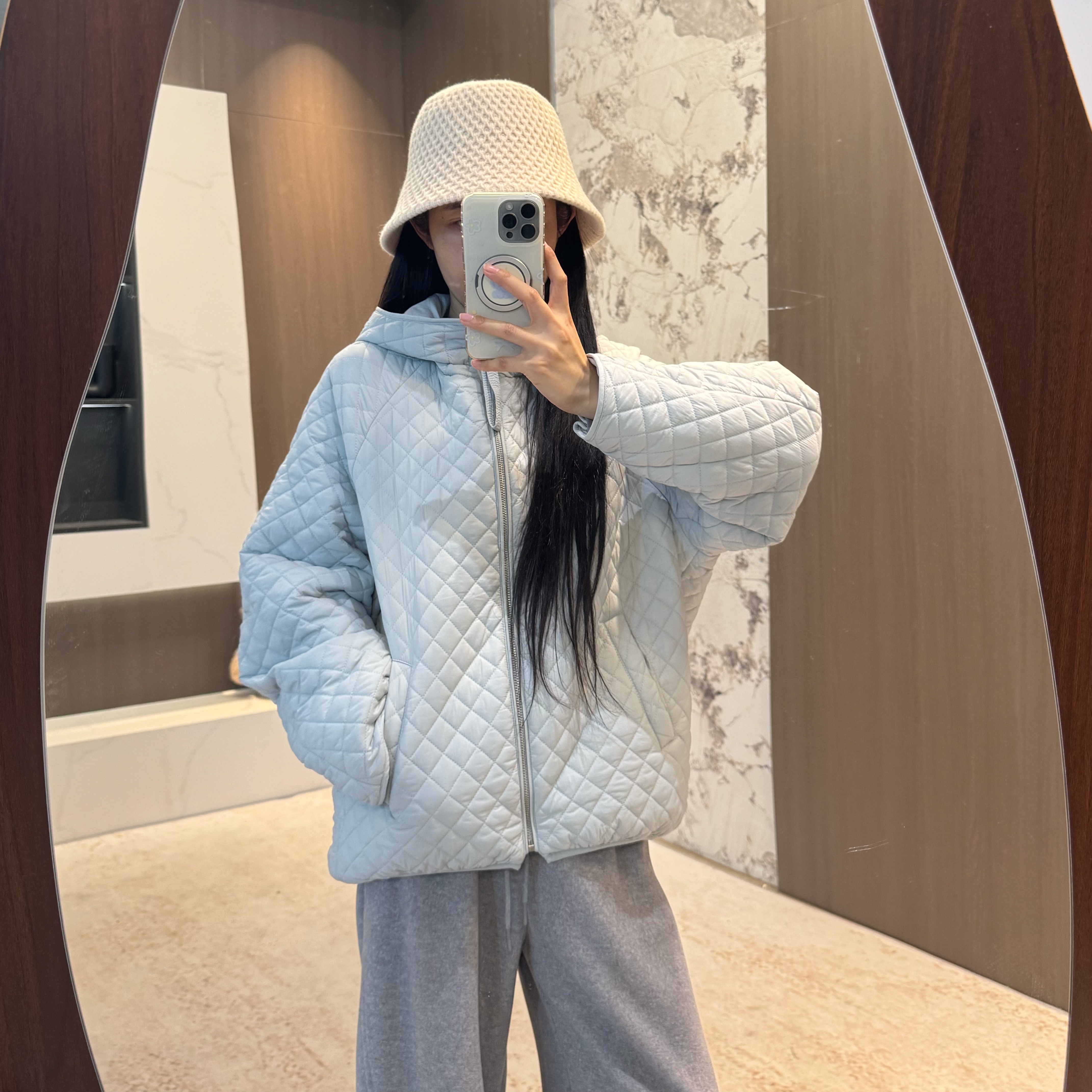 宿慕SUMU女士韩版连帽菱格棉衣外套2025秋冬新款棉服夹棉外套女装