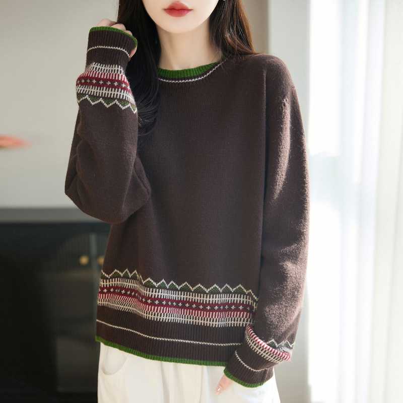 复古费尔岛提花撞色边圆领针织衫女秋冬加厚保暖百搭毛衣打底衫潮