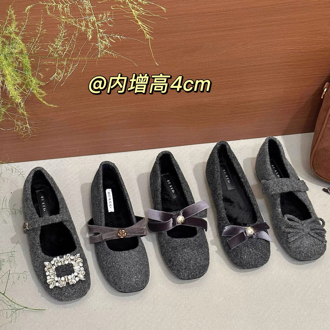 titing欧尼灰合集！毛呢圆头一字带玛丽珍鞋女秋加绒内增高单鞋