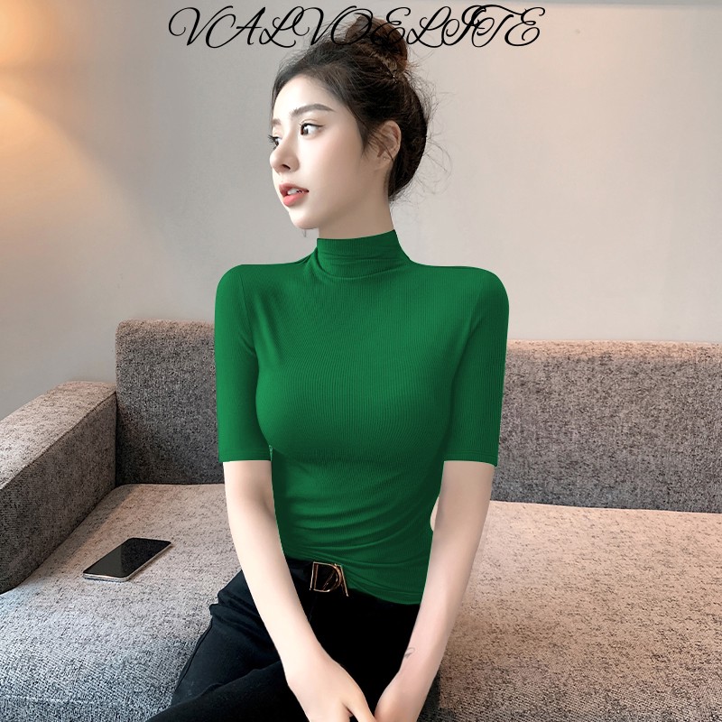 半高领五分袖打底衫女秋季内搭绿色上衣洋气修身紧身中领针织毛头