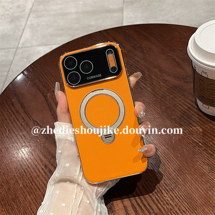 适用苹果17pro max手机壳iPhone17/16/15皮质旋转磁吸支架全包女