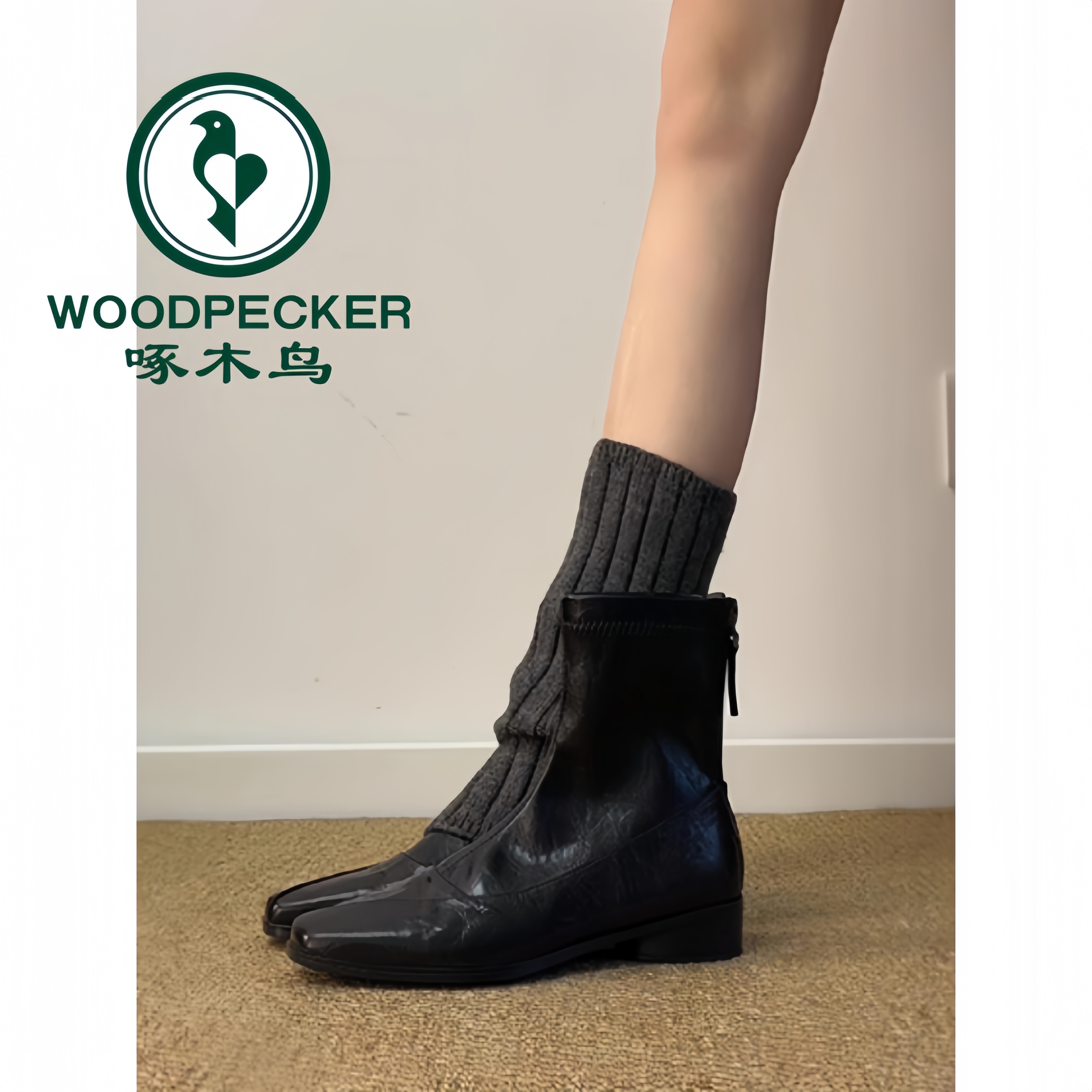 啄木鸟气质方头低跟瘦瘦靴女秋冬复古通勤百搭后拉链短靴马丁靴