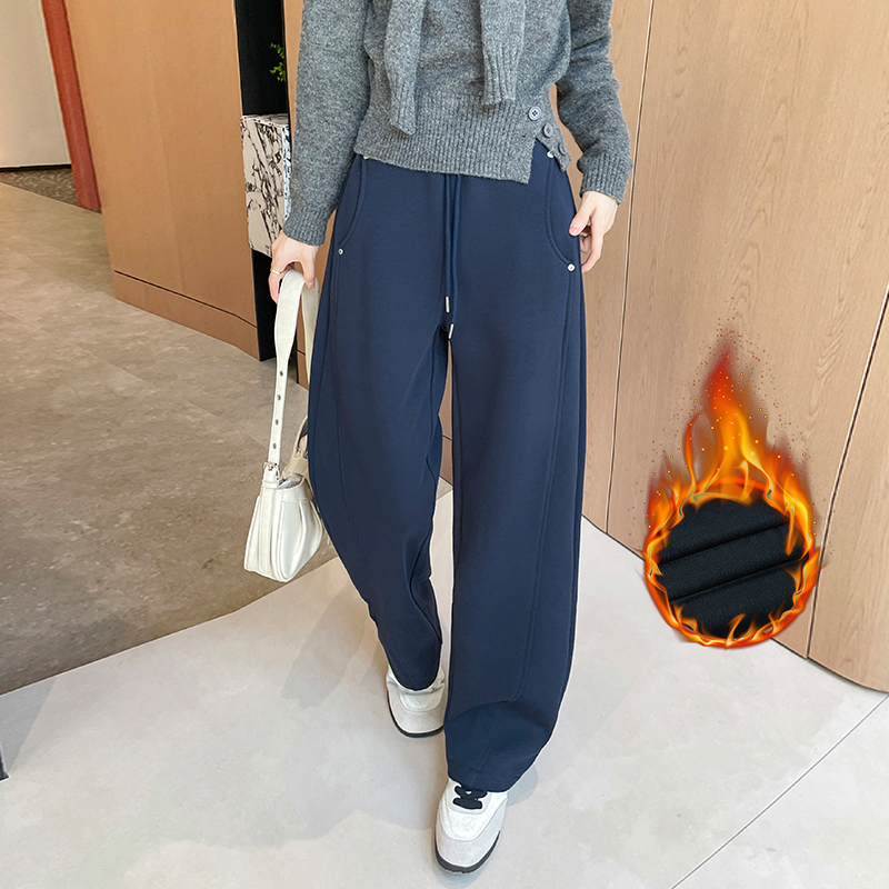秋冬加绒加厚窄版阔腿裤女小个子九分裤休闲运动卫裤直筒弯刀裤子