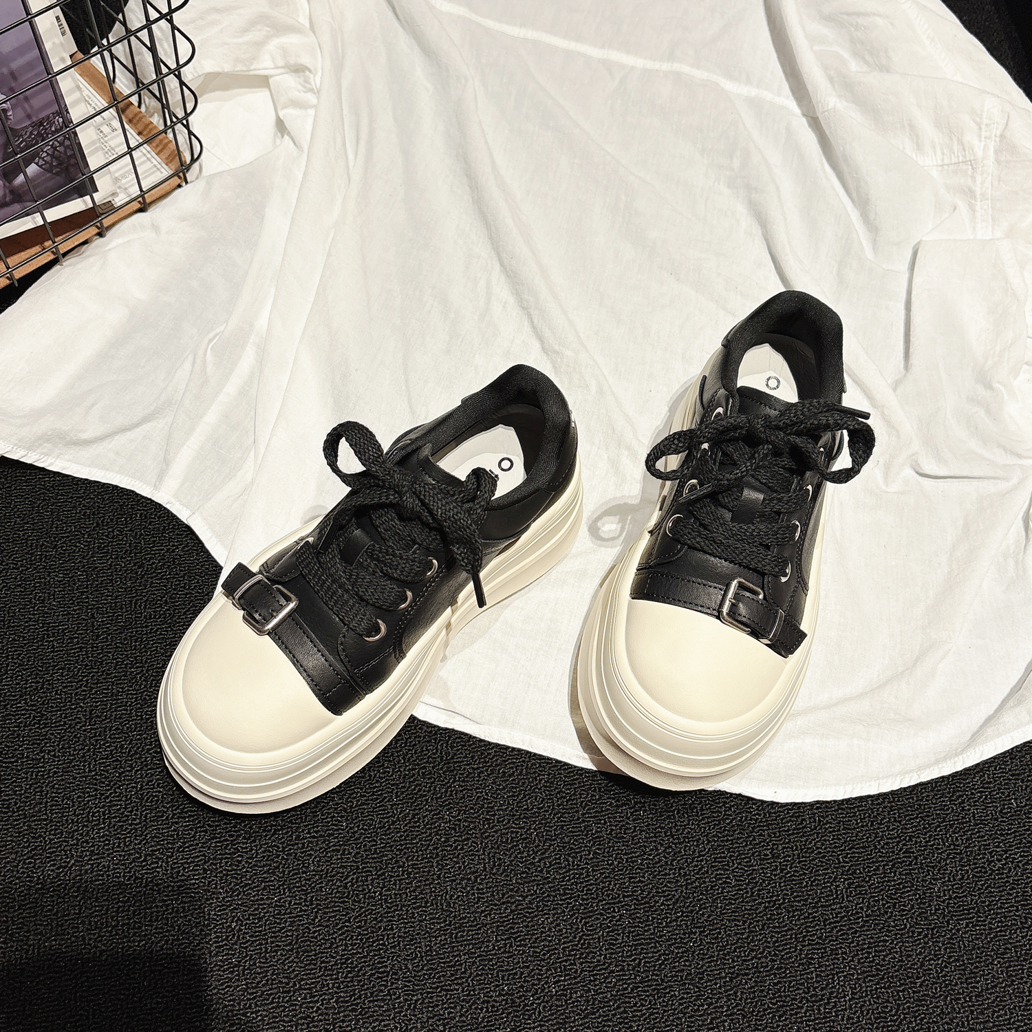 巨轻~真皮小个子增高厚底松糕鞋女2025秋新款休闲板鞋ins学生女鞋