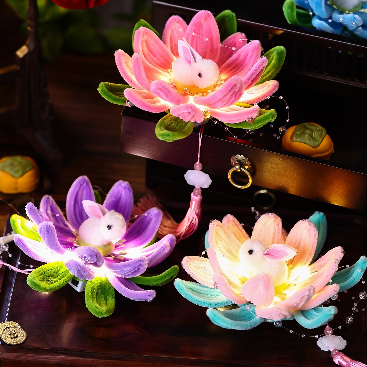 菲寻2025新款中秋节莲花灯笼成品儿童手工制作diy扭扭棒兔子宫灯