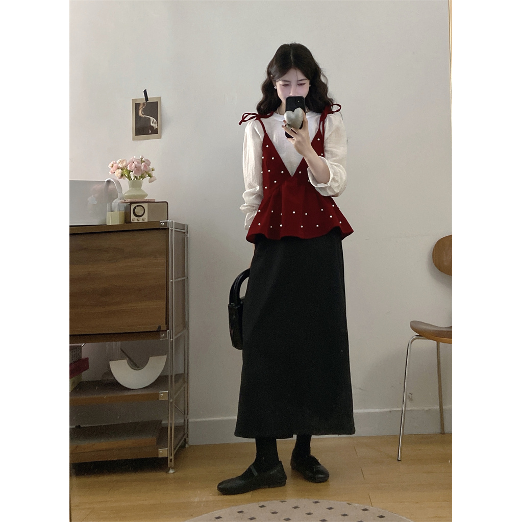 大码女装胖mm秋冬新款喇叭袖衬衫珍珠丝绒吊带收腰显瘦半身裙套装