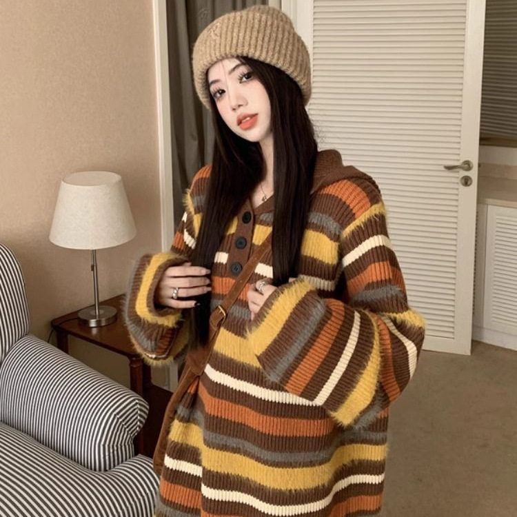 小新时尚长款休闲年复古冬季风韩版2025宽松连帽女慵懒撞色条纹