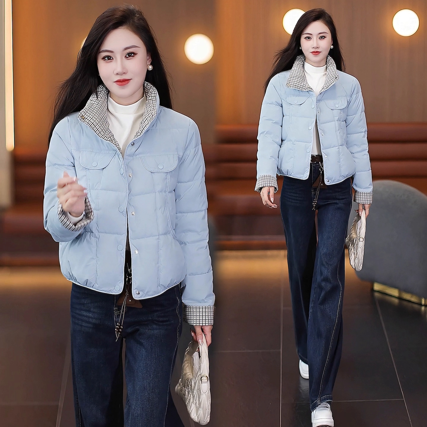 时尚格子拼接棉服女2025冬季新款时髦洋气加厚保暖面包服短款外套