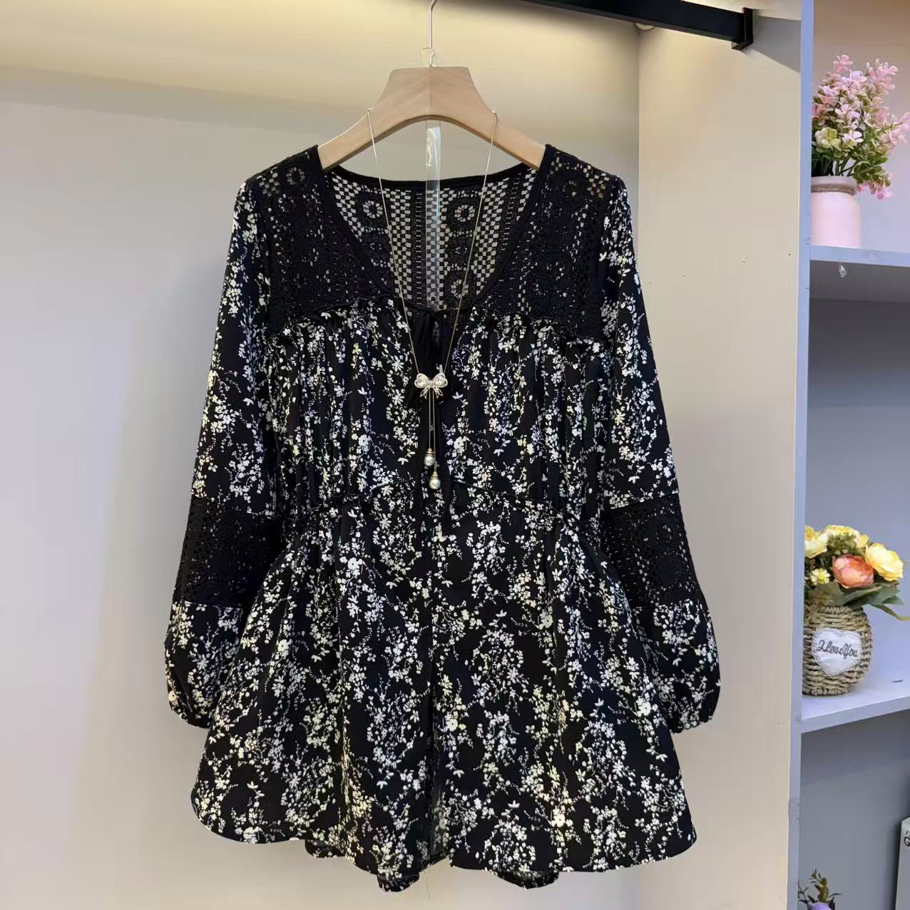 2025大码女装设计感拼接收腰气质显瘦碎花衫