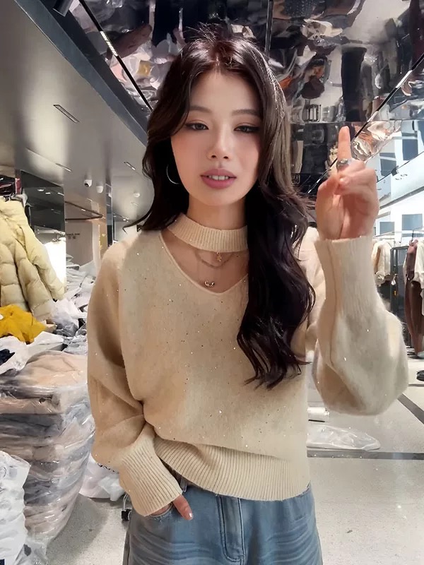 细闪亮片秋冬内搭打底针织衫上衣女高级外穿羊绒加厚保暖毛衣