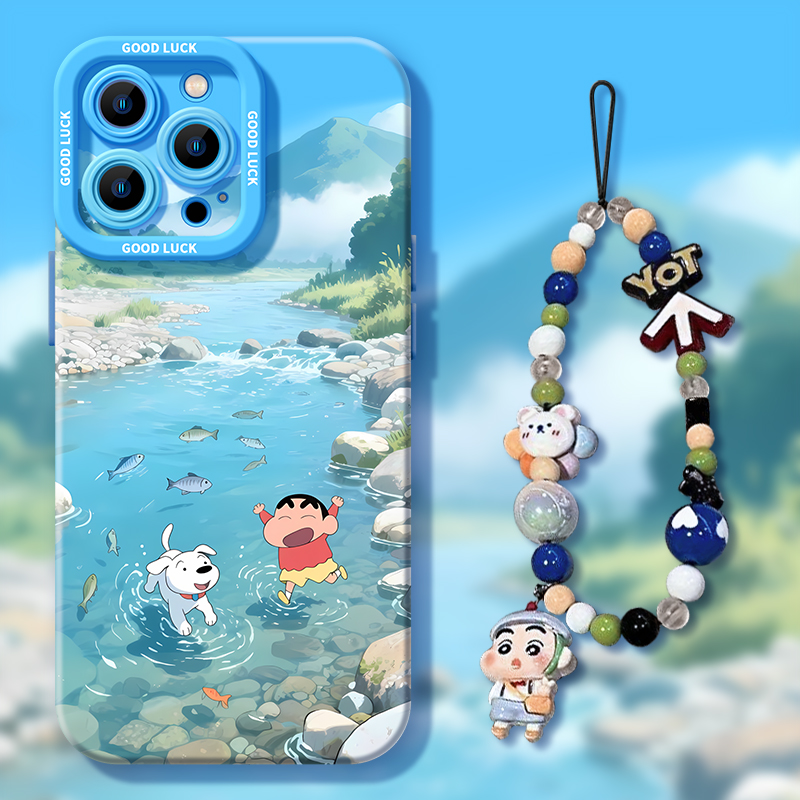 蜡笔小新夏日玩水适用苹果型号iPhone16手机壳全包软壳配挂链
