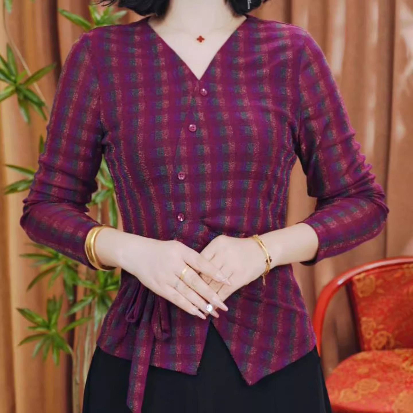 秋季新款休闲洋气长袖气质百搭V领T恤女士不规则减龄显瘦上衣小衫