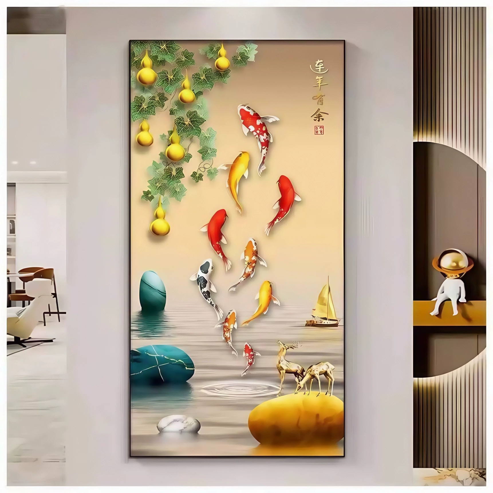荷花九鱼图新中式LED带灯装饰画简约大气适用于客厅走廊过道玄关