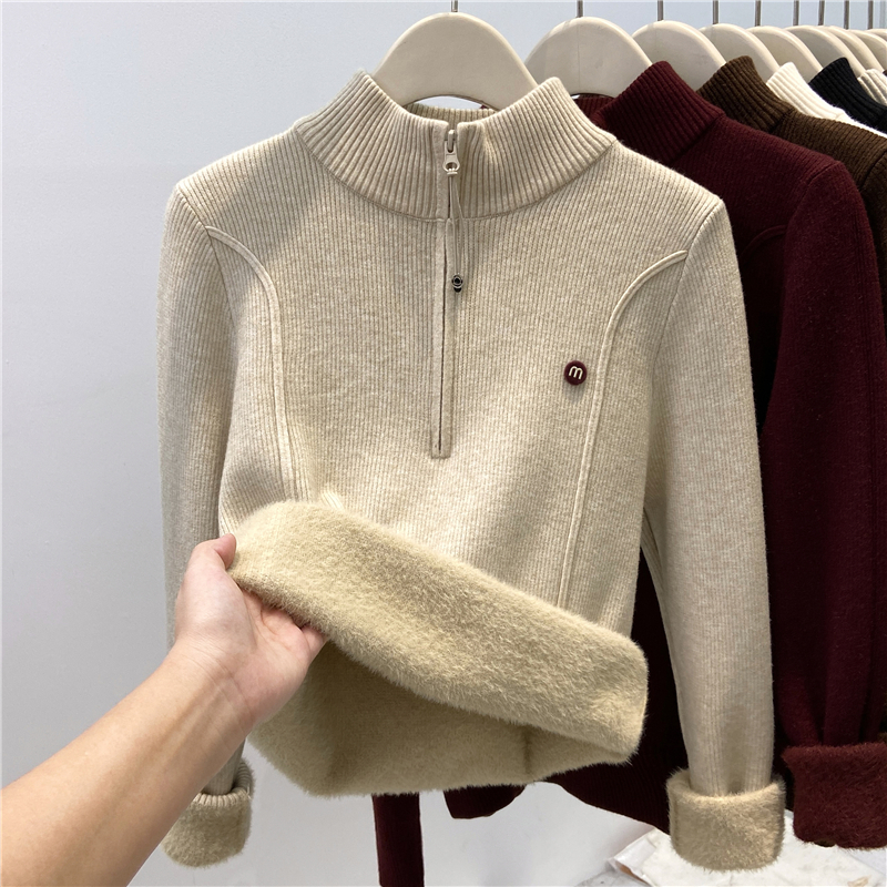 加绒加厚洋气针织毛衣女秋冬新款保暖内搭一体绒半拉链高领打底衫