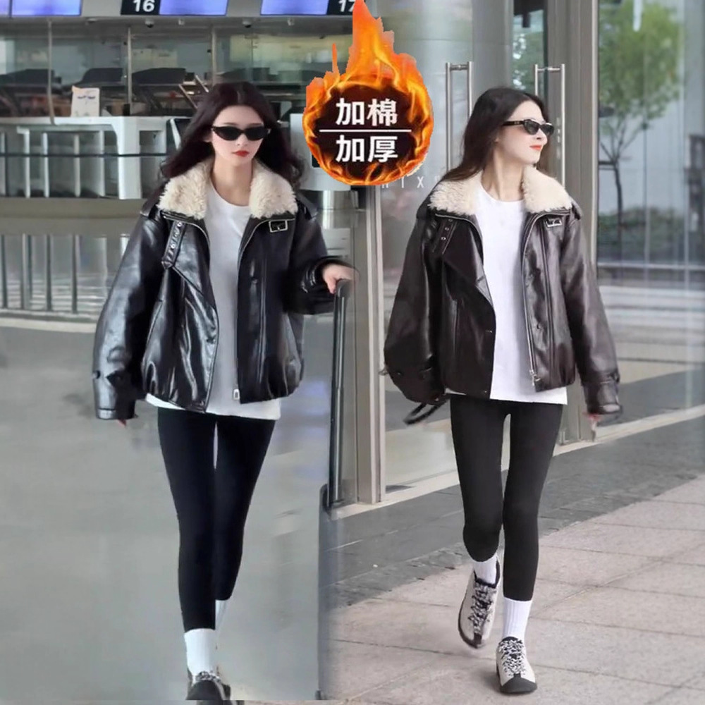 时尚复古羊羔毛领加棉皮衣女2025秋冬新款时尚复古百搭机车服外套