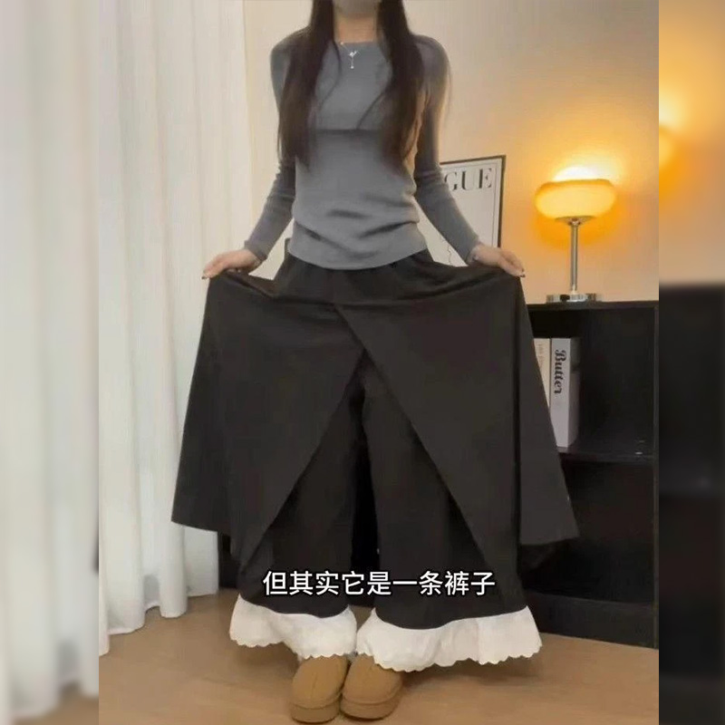 拼接蕾丝花边阔腿裤女2025新款秋冬百搭高腰休闲宽松显瘦A字裙裤