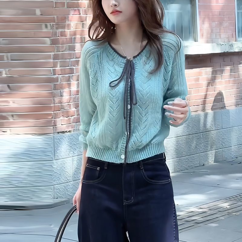 韩系宽松复古镂空设计感系带显白针织开衫早秋洋气时尚毛衣女上衣