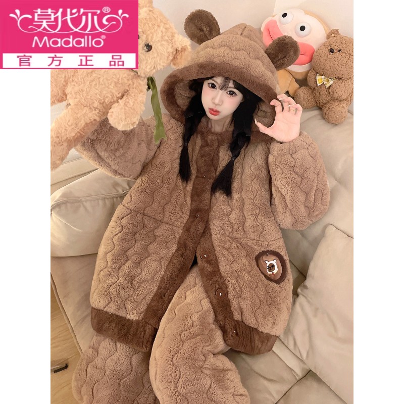 莫代尔秋冬季天三层夹睡衣女可爱小熊加绒加厚珊瑚绒家居服套装可