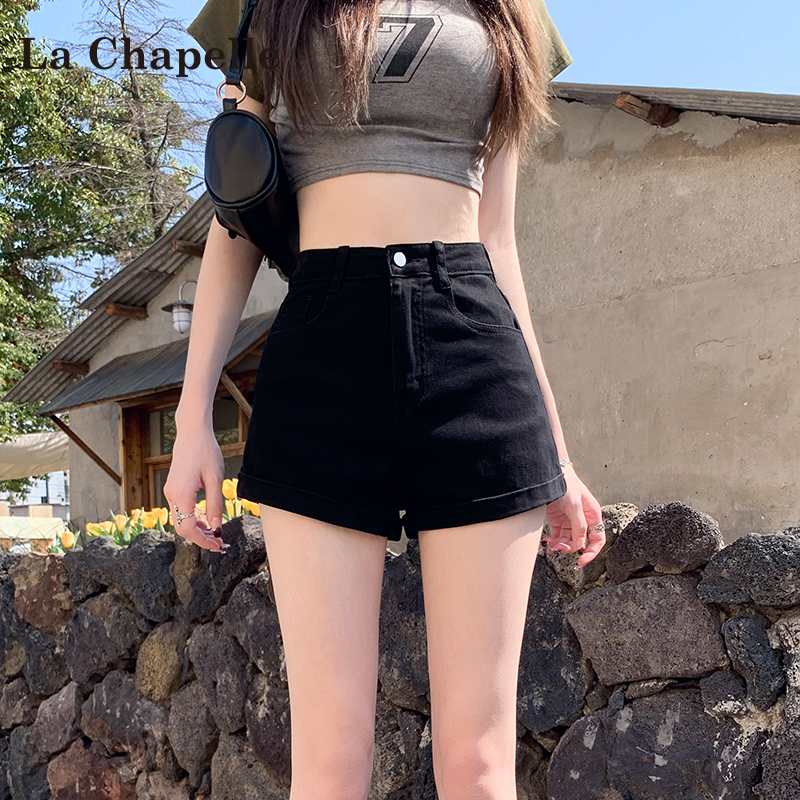 拉夏贝尔黑色辣妹牛仔短裤女夏季2025新款小个子女装禅意仙气飘飘