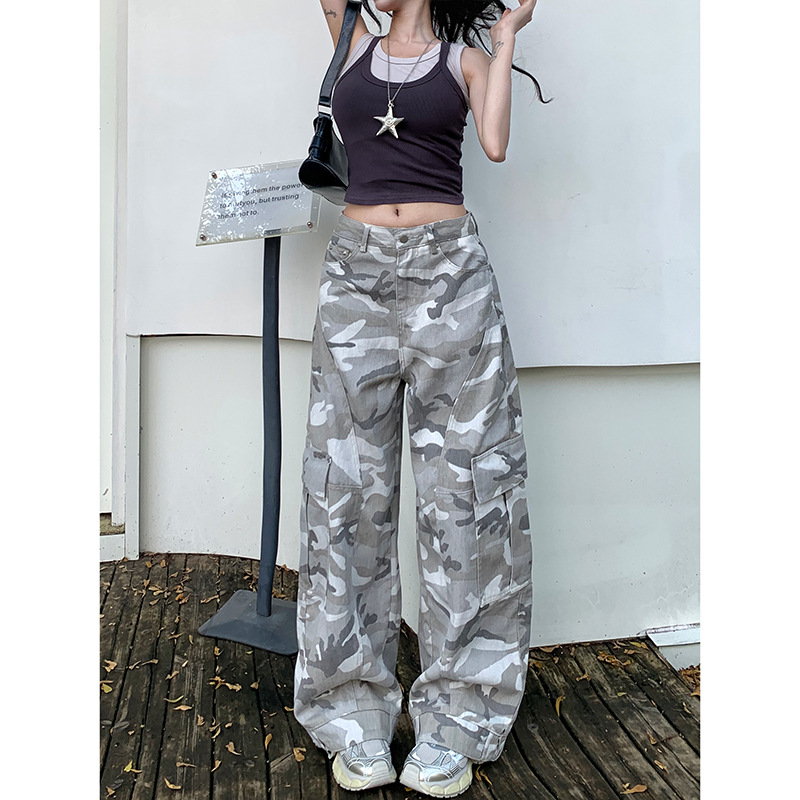 美式高街白灰迷彩阔腿牛仔裤女2025秋季新款宽松显瘦多口袋弯刀裤