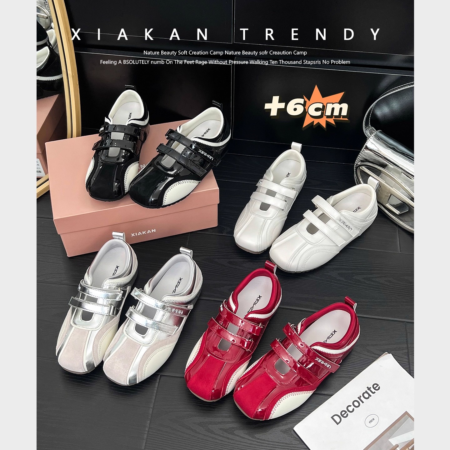 XIAKAN 内增高魔术贴镂空运动玛丽珍鞋女夏款百搭休闲德训鞋单鞋