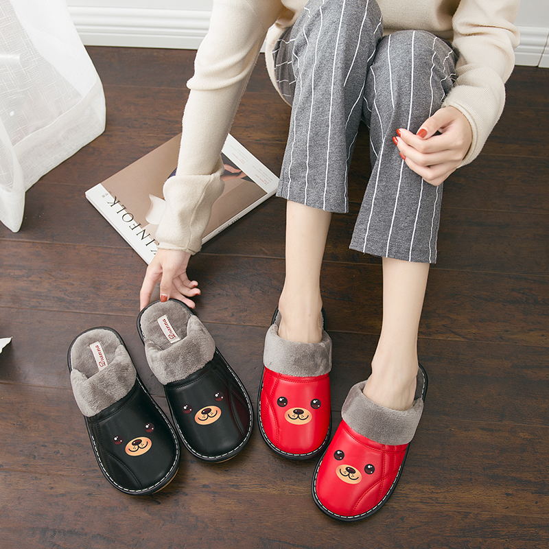 冬季棉拖鞋情侣款加厚地板防水PU皮棉拖鞋女室内防滑保暖情侣居家