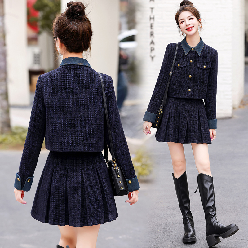 黑色法式牛仔拼接小香风套装裙女2025秋季新款短外套半身裙两件套