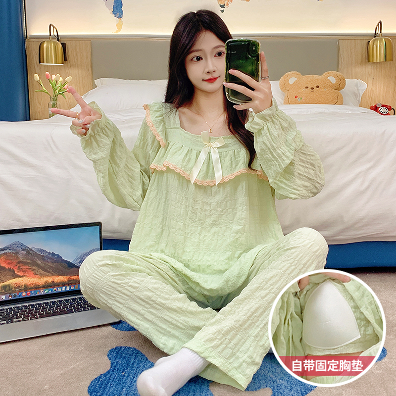 带胸垫春秋季云朵棉睡衣女提花公主宽松甜美宫廷风长袖家居服套装