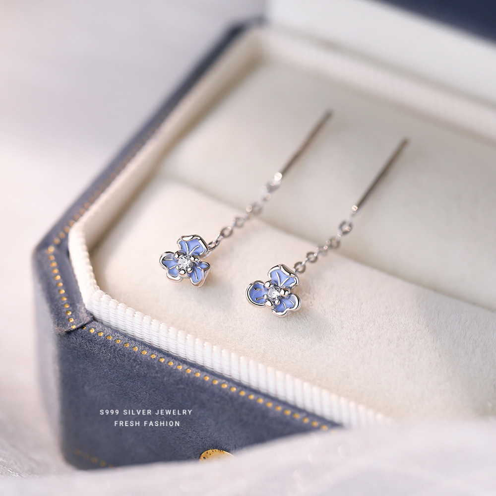 滴胶蓝色小清新鸢尾花朵耳钉女s银色韩版时尚锆耳线流苏耳饰