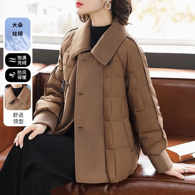 时尚妈妈冬装短款棉服洋气拼接毛呢外套中老年女冬季加厚棉袄