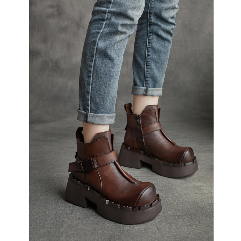 2025秋冬新款手工真皮英伦风侧拉链厚底马丁靴坡跟方头短靴子