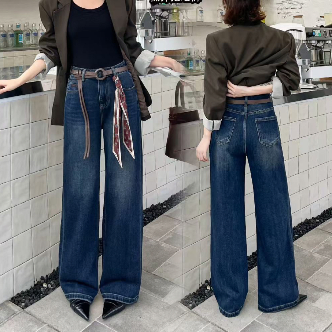 芭莎BASHA香港花牌深蓝直筒阔腿拖地裤韩版时尚2025秋新款欧货