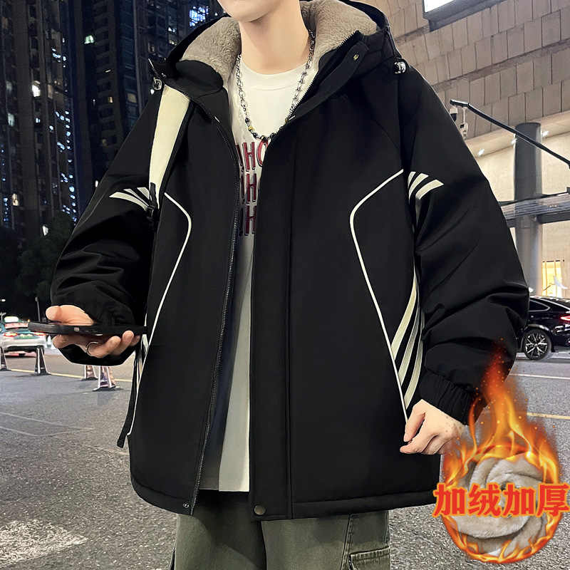 男士外套加绒加厚潮牌秋冬季连帽宽松青少年学生休闲夹克男孩棉服