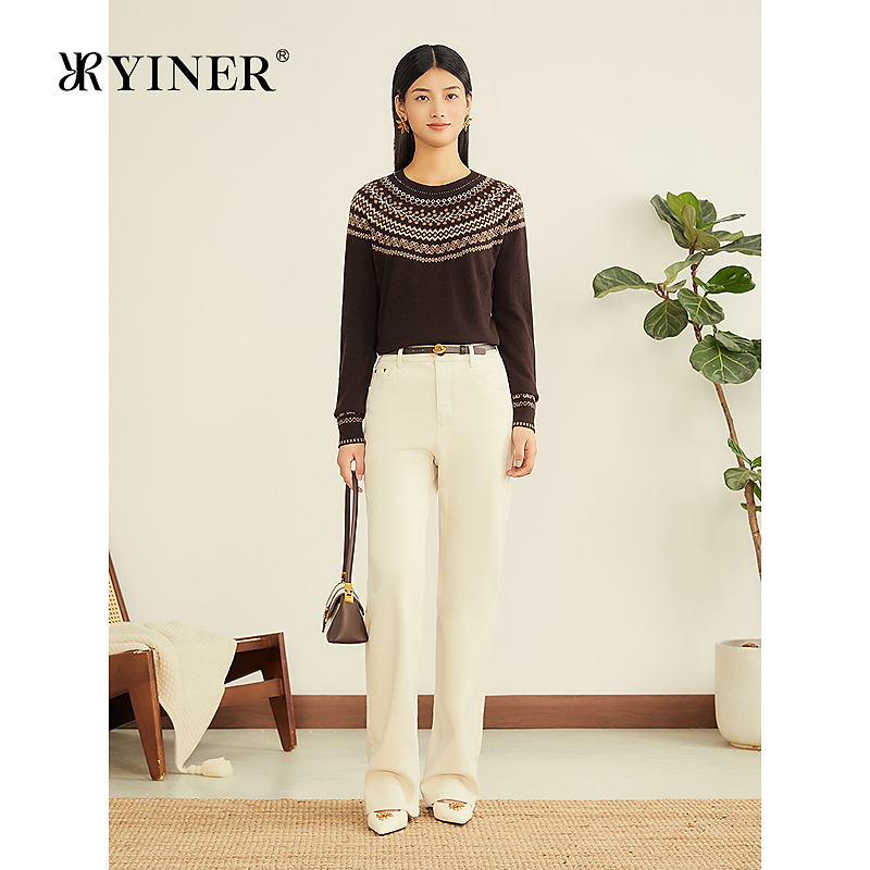 YINER音儿专选2025冬季新款复古费尔岛提花亮丝羊毛混纺针织衫