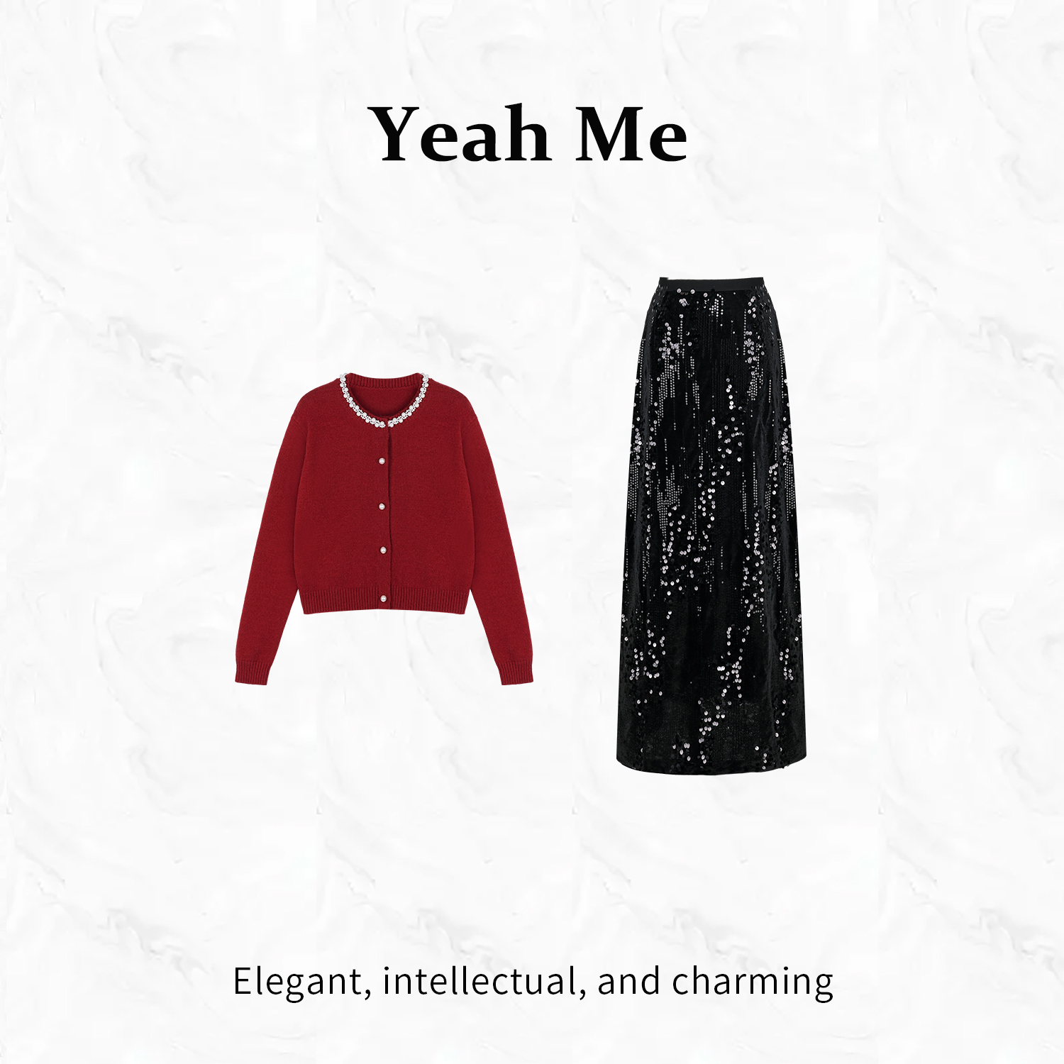 Yeah Me/也觅【绯红日记】秋季新款复古风时尚穿搭红色半身裙套装女