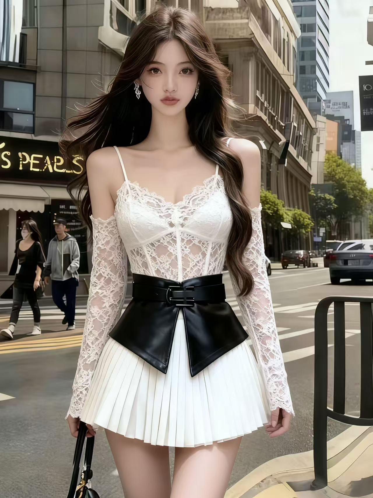 早秋时尚新款纯欲风白色蕾丝V领吊带长袖上衣+白色百褶裙两件套