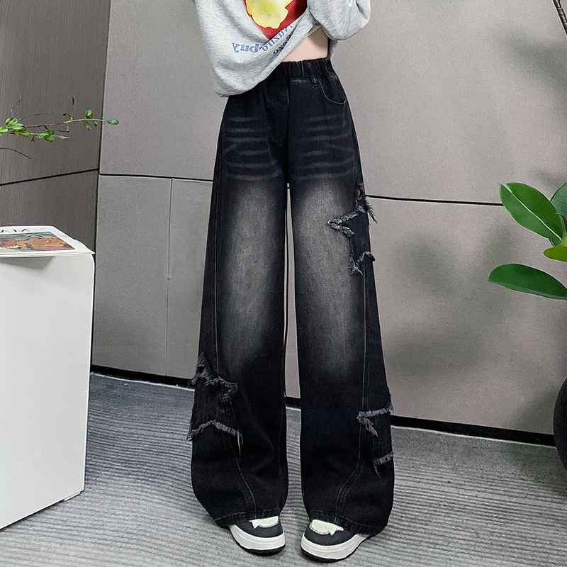 胖mm大码松紧腰牛仔裤秋冬加绒高腰宽松阔腿裤黑色拖地裤学生长裤