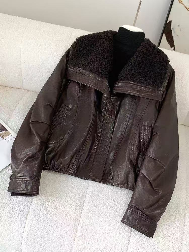 冬季新款100%头层绵羊皮油蜡皮白鹅绒羊皮毛一体毛领皮衣外套592