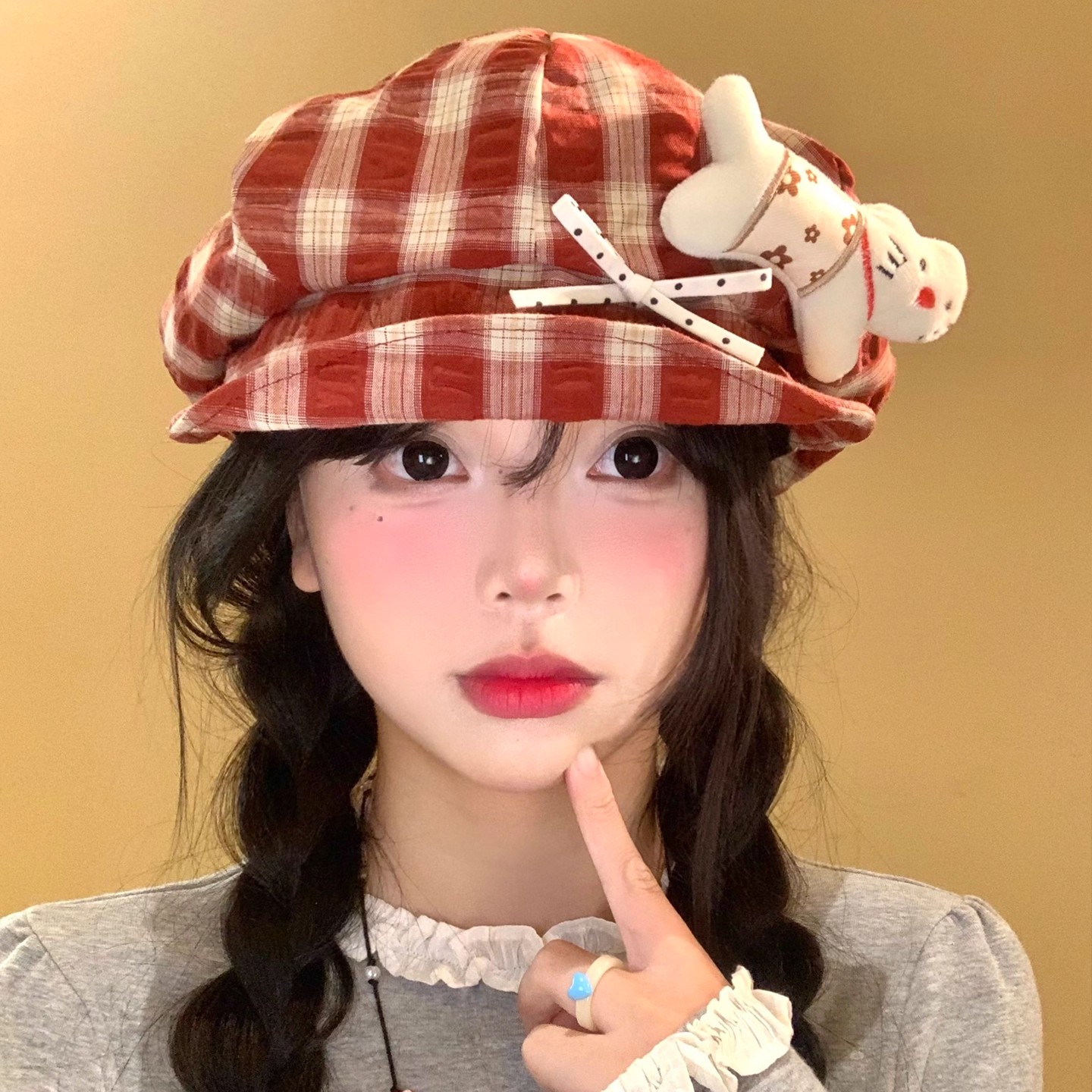 宅系格纹小猫咪八角帽子女2025新款夏季y2k可爱复古显脸小贝雷帽