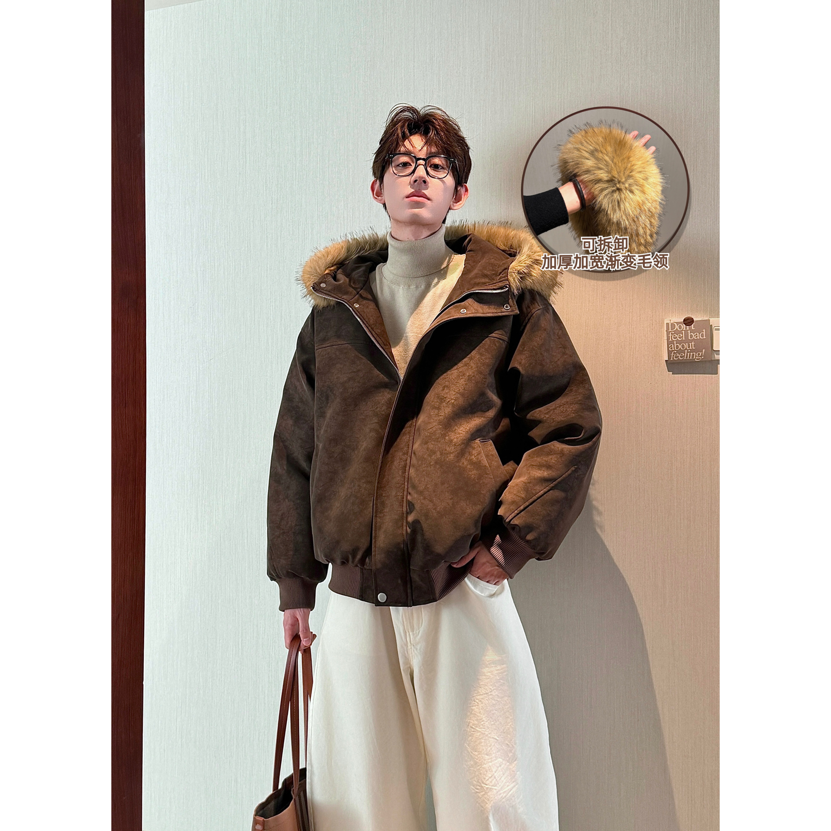 HN潮牌-【加厚加宽毛领】可拆卸连帽雾面pu皮棉服男女保暖防风棉衣