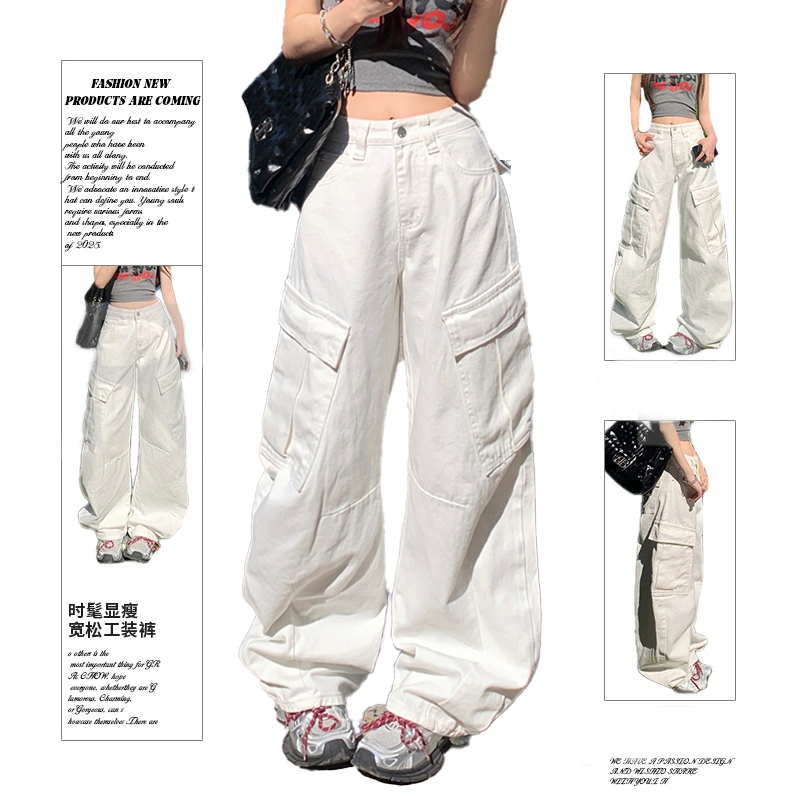 周洛希新款双色美式复古高街宽松阔腿裤口袋工装裤百搭直筒牛仔裤