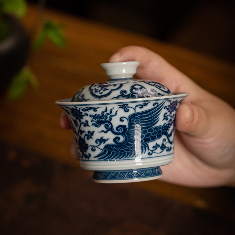 记石窑 仿明双凤盖碗景德镇纯手工手绘容量130毫升