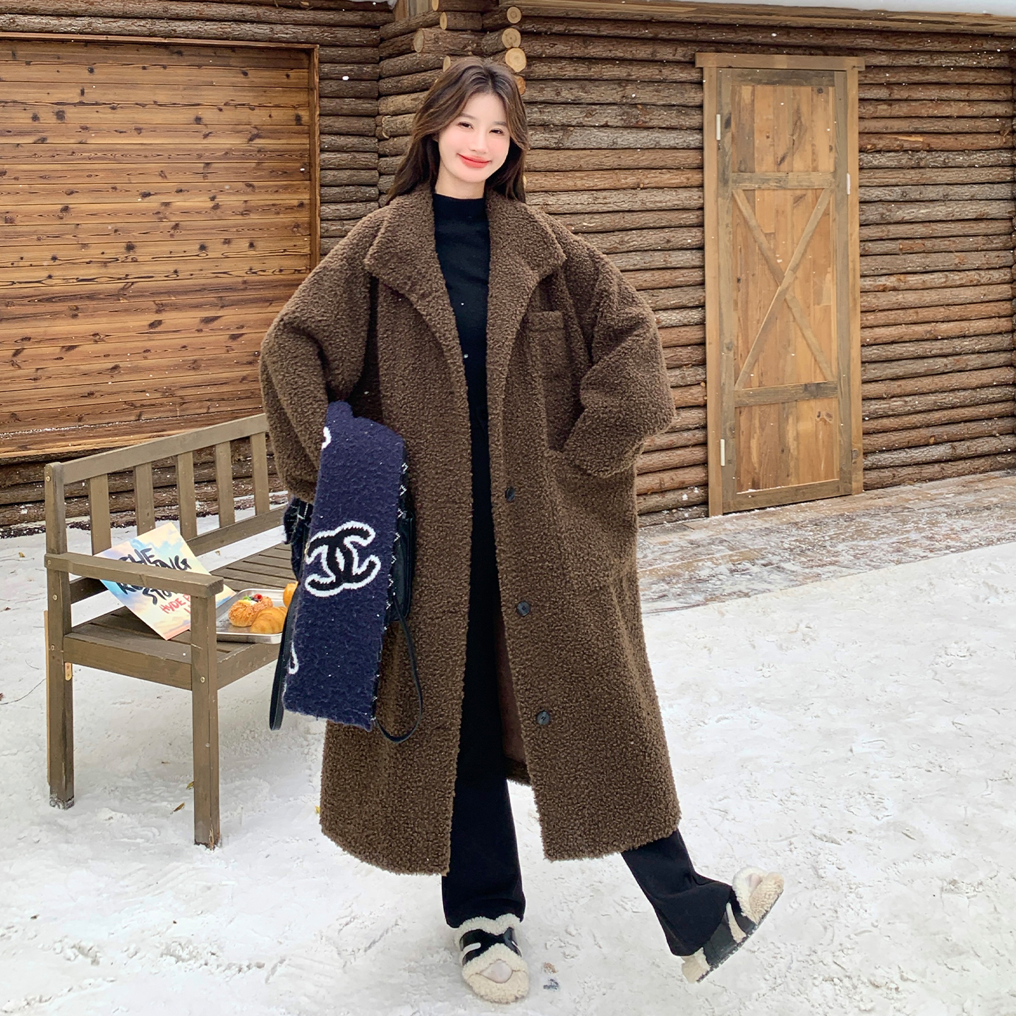 咖色美拉德慵懒风羊羔毛大衣女2025冬新款韩系松弛感过膝加厚外套